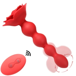 Rechargeable silicone vibrating anal rosary with rotation and remote control Flower red