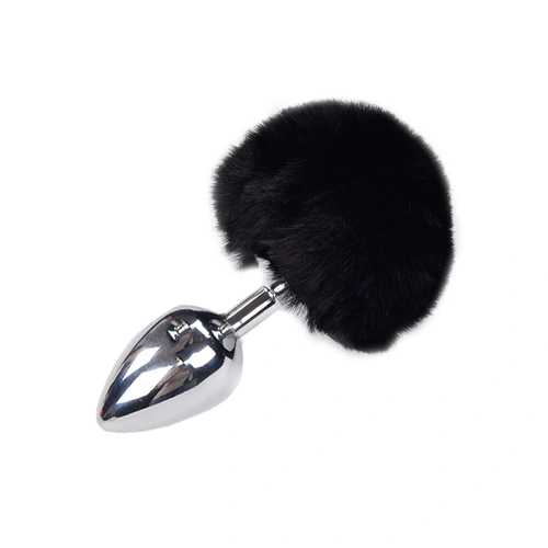 Metal anal plug with a fluffy black tail Anal Pleasure Fluffy Plug L