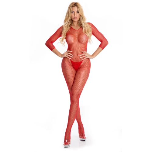 Erotic mesh bodysuit with open bottom Pink Lipstick Risque red