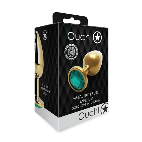 Metal butt plug with green crystal Ouch! Emerald M golden [11]
