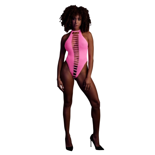 Erotic revealing bodysuit with open bottom Ouch! Glow In The Dark neon pink