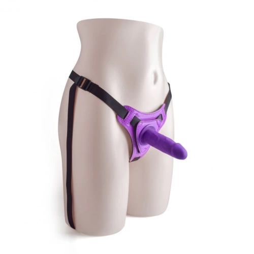 ​Strap-on belt with small dildo made of silicone Hot Stuff purple