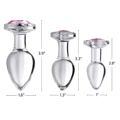 Set of 3 Booty Sparks Pink Gem glass butt plug with pink crystal [1]